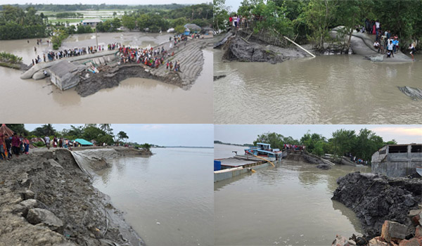 দাকোপের ঢাকি নদীগর্ভে একশ' মিটার বাঁধ মুহূর্তেই বিলীন, আতঙ্কে গ্রামবাসী